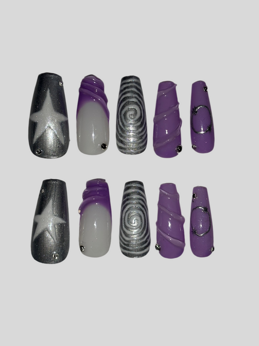 Cosmic Swirl – 3D Galaxy Press-On Nails | Silver, Purple & Star Accents