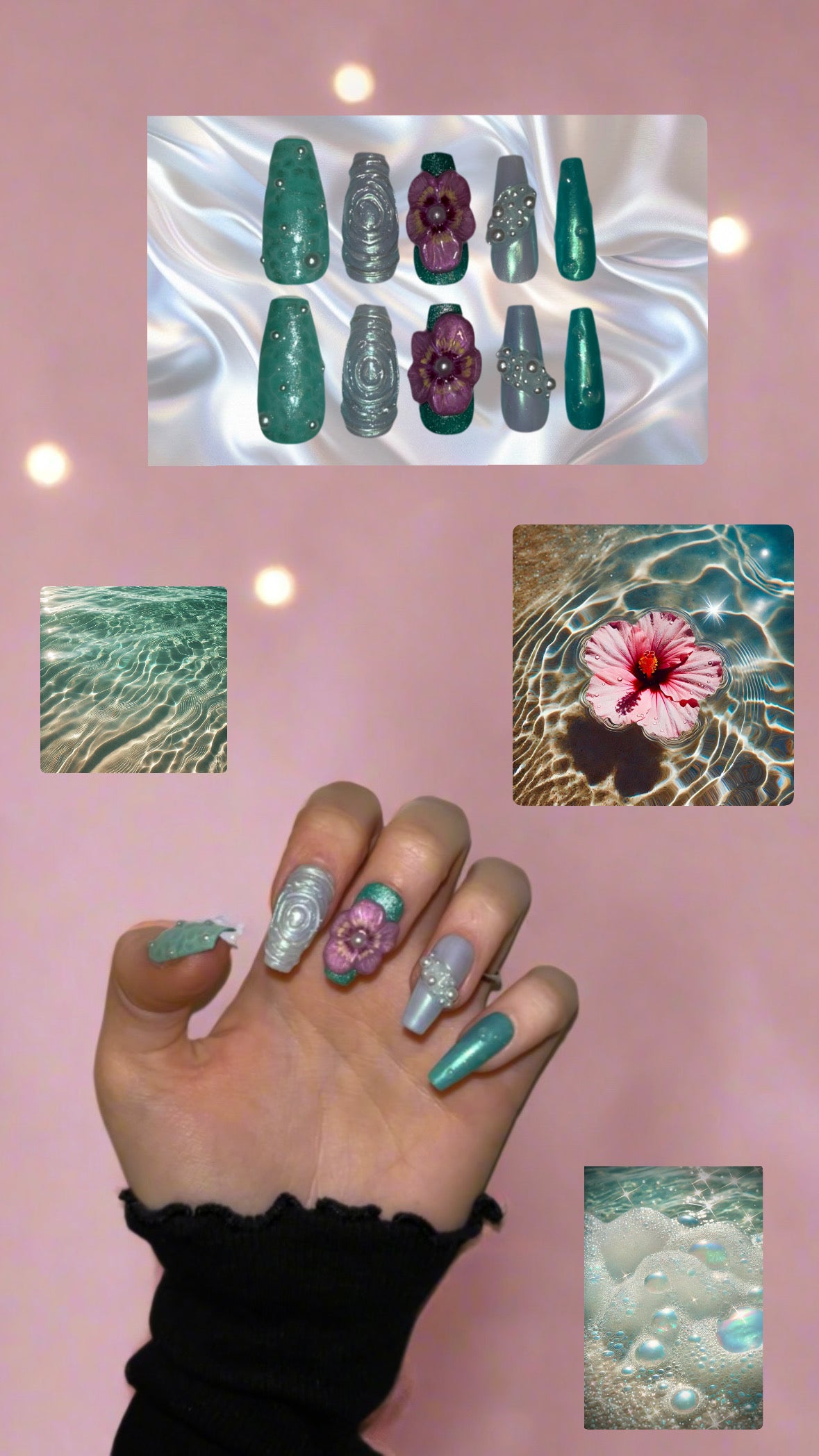 Ocean Bloom – 3D Floral & Pearl Embellished Press-On Nails