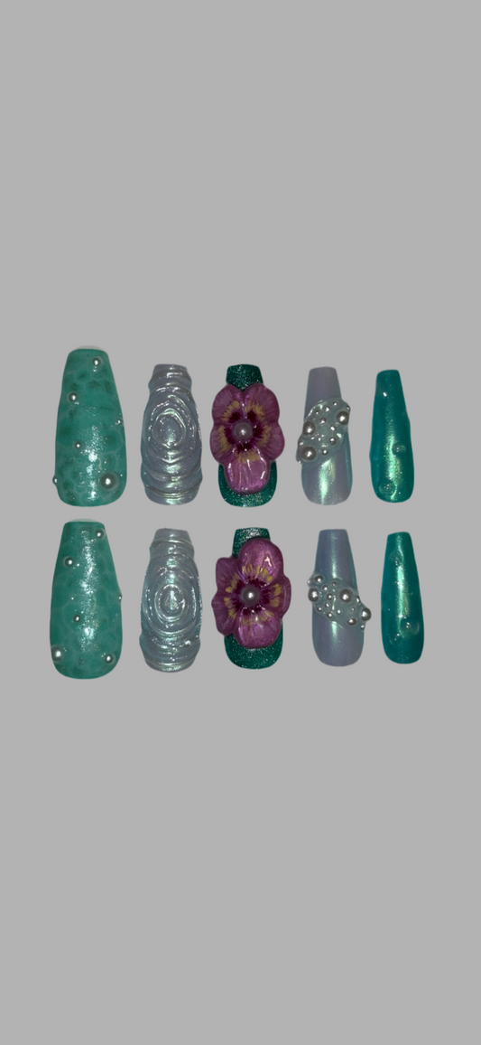 Ocean Bloom – 3D Floral & Pearl Embellished Press-On Nails