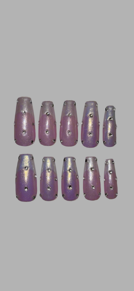 Celestial Glow – Handmade, Soft Pink & Pearlescent Press-On Nails with Rhinestones